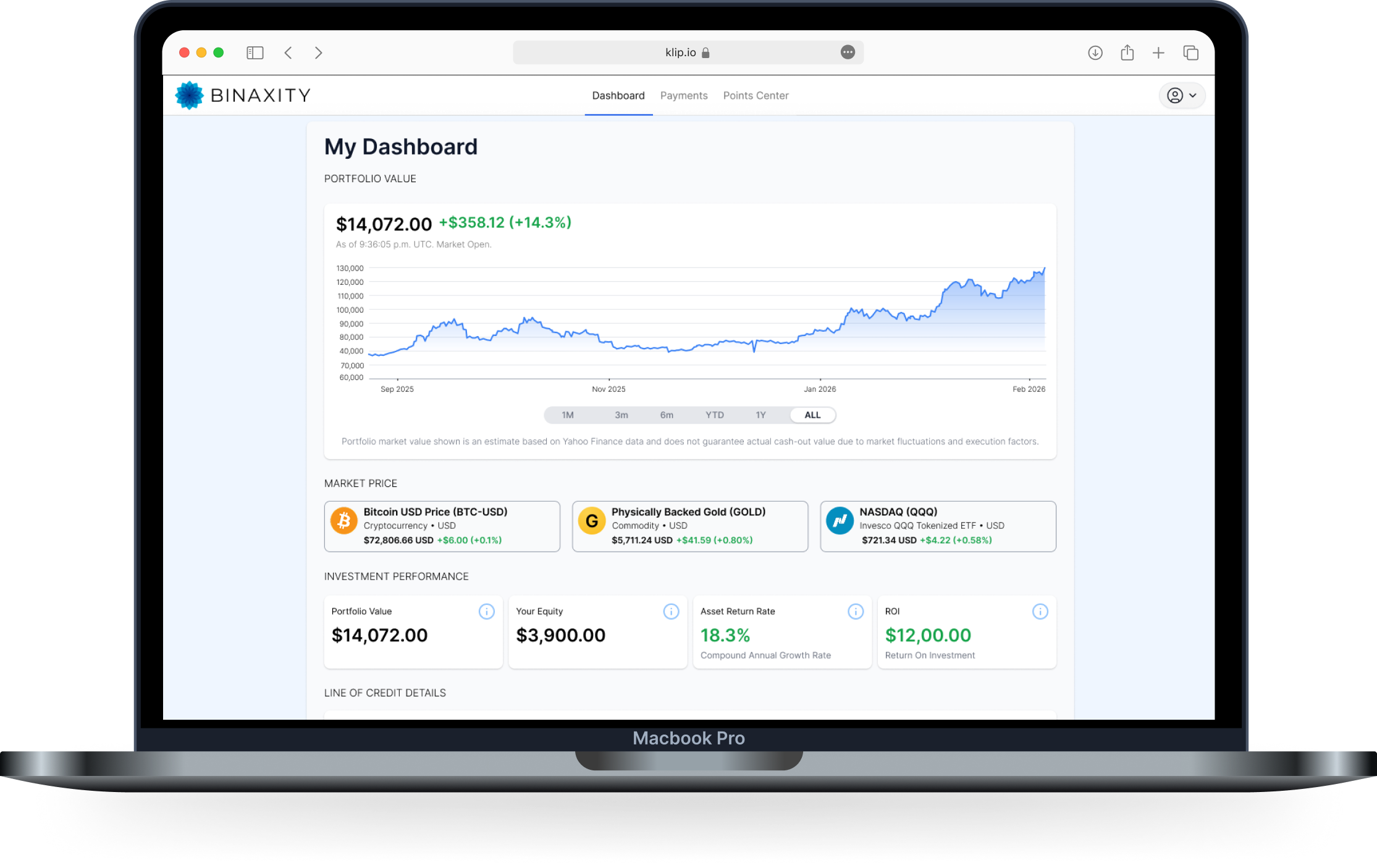 Binaxity dashboard shown on a MacBook Pro