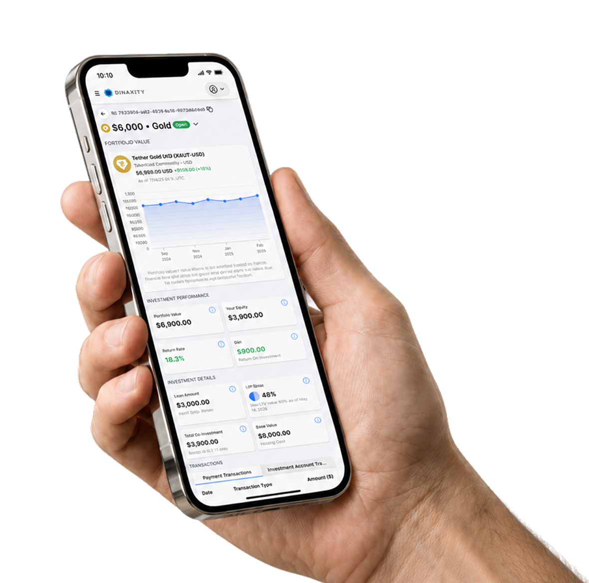 Binaxity gold position dashboard shown on a smartphone held in hand