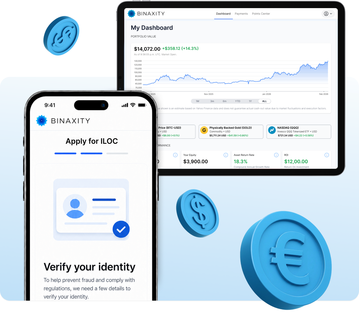 Binaxity dashboard and identity verification shown across devices