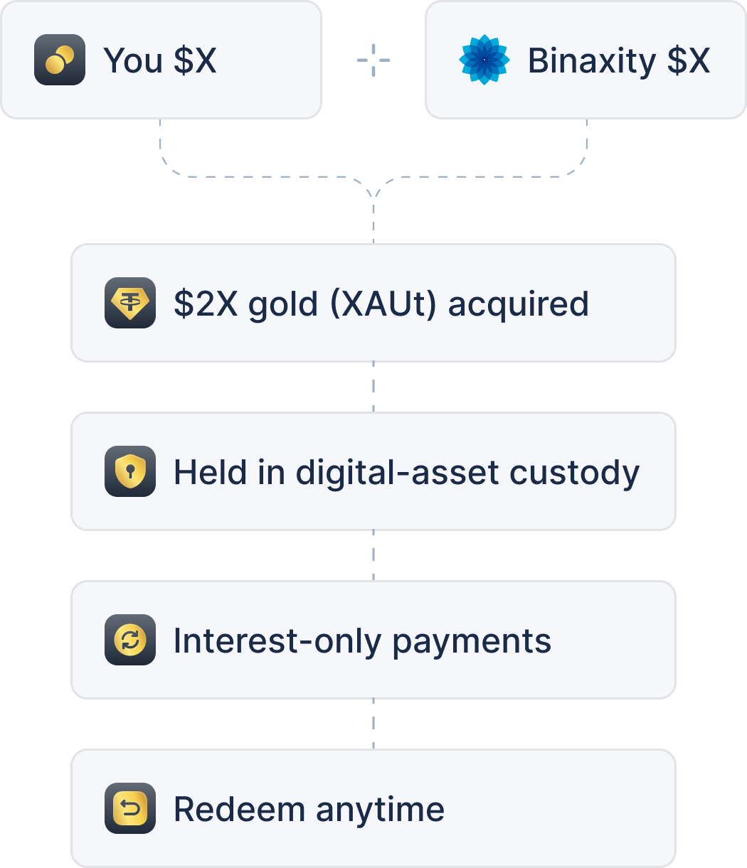 How the matching works: you contribute $X and Binaxity matches $X, $2X of gold (XAUt) is acquired, held in digital-asset custody, with interest-only payments and the freedom to redeem anytime.