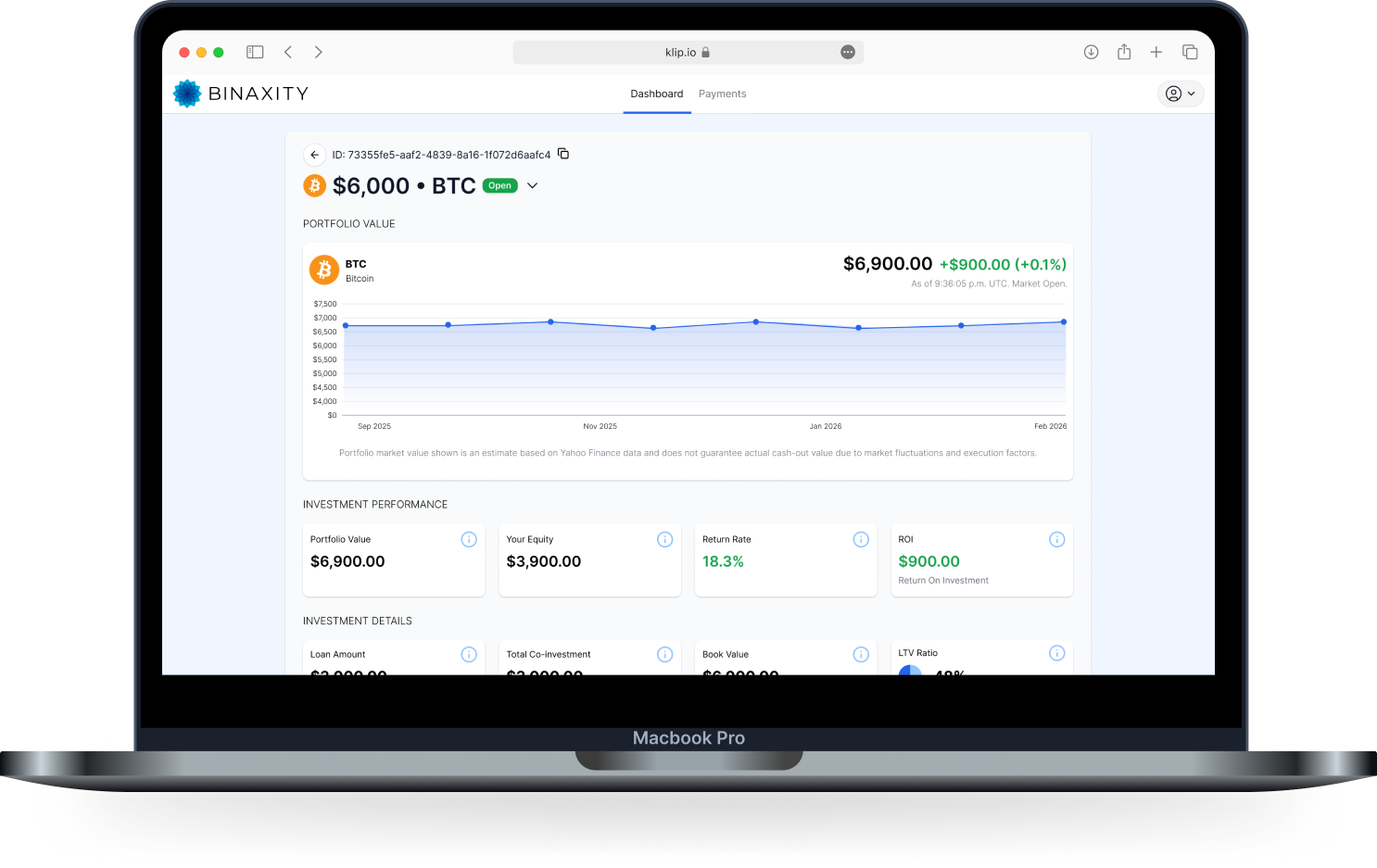 Binaxity dashboard showing Bitcoin portfolio performance